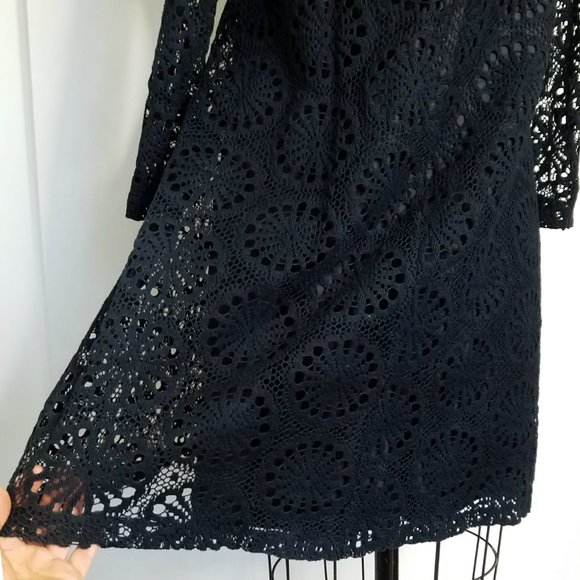 Vintage Womens 60s Black A-line Lace Mini Dress with 3/4 Sleeves - Picture 3 of 5